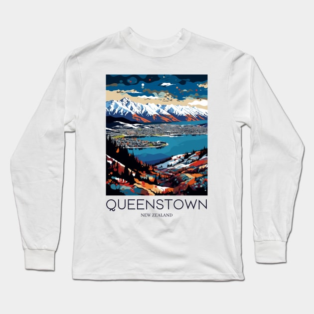 A Pop Art Travel Print of Queenstown - New Zealand Long Sleeve T-Shirt by Studio Red Koala